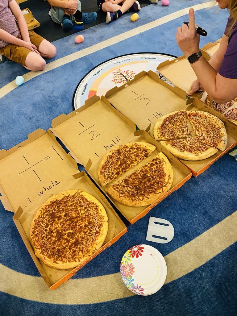 Mrs. Maly’s Primary Montessori class had an engaging, fun & delicious lesson on fractions!  This an annual culminating lesson for the students to learn how fractions are related to real life experiences!  So yummy too!  Thank you to Mrs. Humphrey for picking up the pizzas!  😊❤️🍕