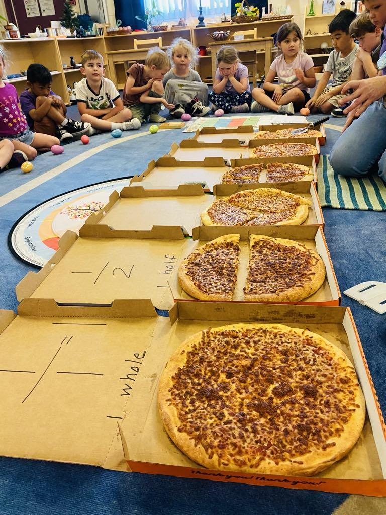 Mrs. Maly’s Primary Montessori class had an engaging, fun & delicious lesson on fractions!  This an annual culminating lesson for the students to learn how fractions are related to real life experiences!  So yummy too!  Thank you to Mrs. Humphrey for picking up the pizzas!  😊❤️🍕