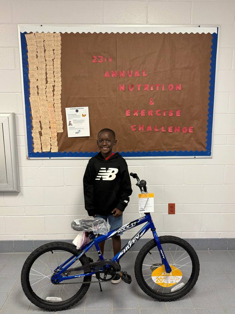 We have had an amazing year with the monthly Nutrition & Exercise Challenge where kiddos have completed several tasks to practice eating healthy and weekly exercises. These are our April winners plus our yearlong winner with his new bike~! Congrats everyone!