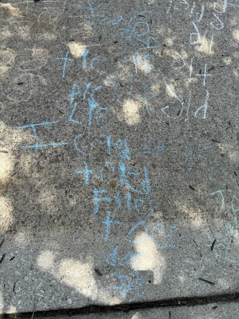 O for outside. First grade took their learning outside yesterday, and they wrote their spelling words with chalk.