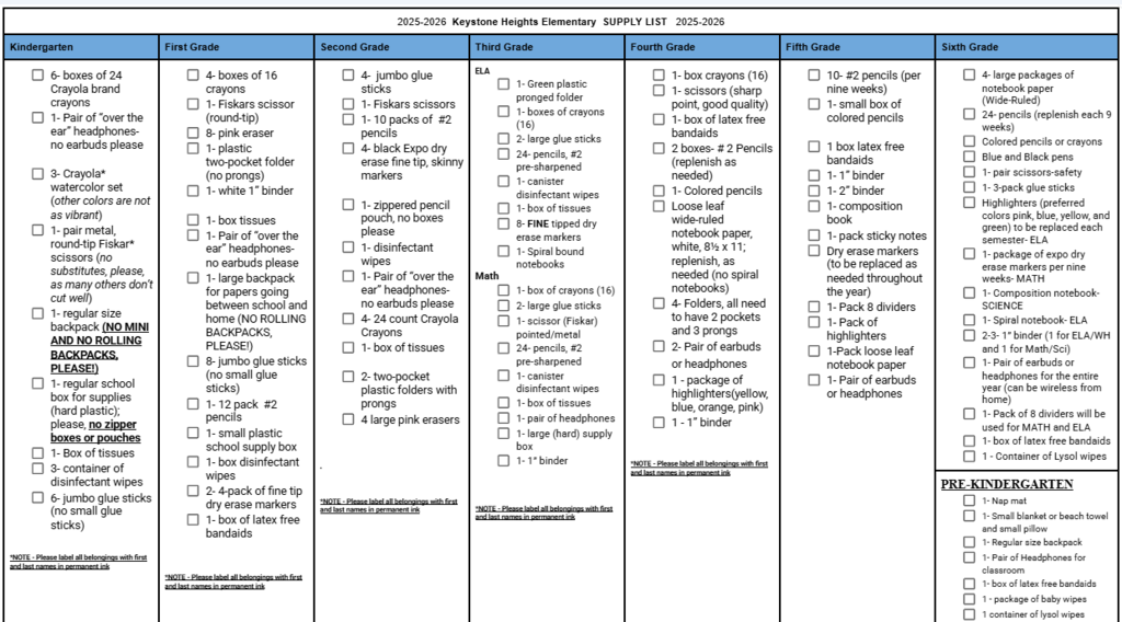 KHE School Supply List