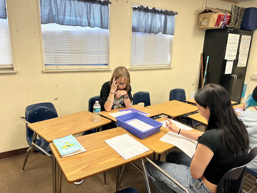 Two high school students sitting at desks, reading and writing on worksheets during US History class