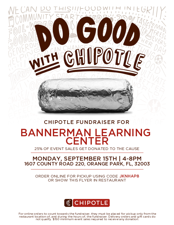 Bannerman Learning Center is Clay County's alternative school. We strive to give our students the extra social, academic, and behavioral support they need to succeed! 🚀 We're all about helping every student find their way and shine brightly. ✨ We are excited to be partnering with Chipotle for a spirit night and cannot wait to engage with our community! Come hang out with us at Chipotle on September 15th from 4-8pm! We can't wait to see you there! 😊