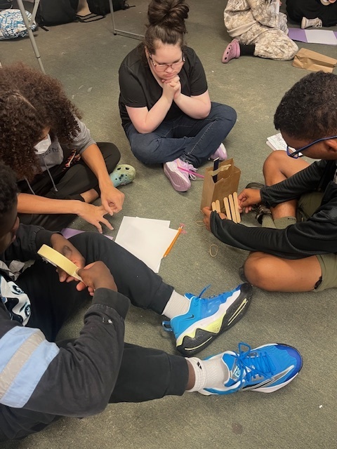 Ms. Wilson’s Theatre 1 students put their collaboration skills to the test with a tower-building competition! After being sorted into groups by personality type—lions, otters, beavers, and golden retrievers—each team worked to build the tallest and sturdiest tower using the same materials (plus one extra item of their choice). The tallest tower reached over 3 feet high!