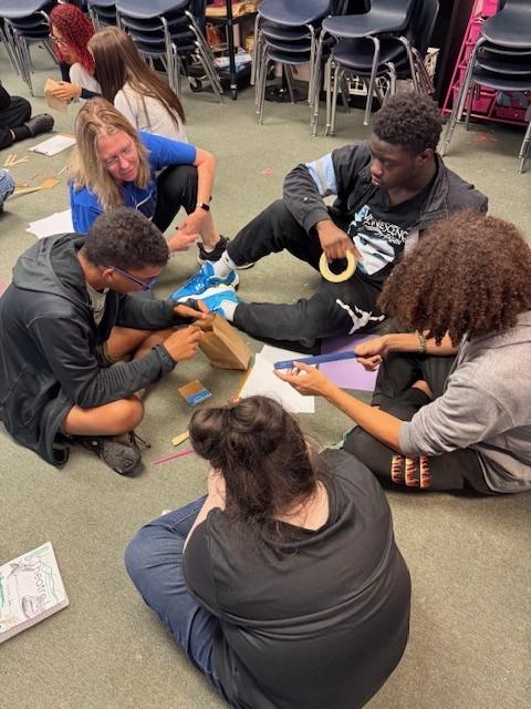 Ms. Wilson’s Theatre 1 students put their collaboration skills to the test with a tower-building competition! After being sorted into groups by personality type—lions, otters, beavers, and golden retrievers—each team worked to build the tallest and sturdiest tower using the same materials (plus one extra item of their choice). The tallest tower reached over 3 feet high!