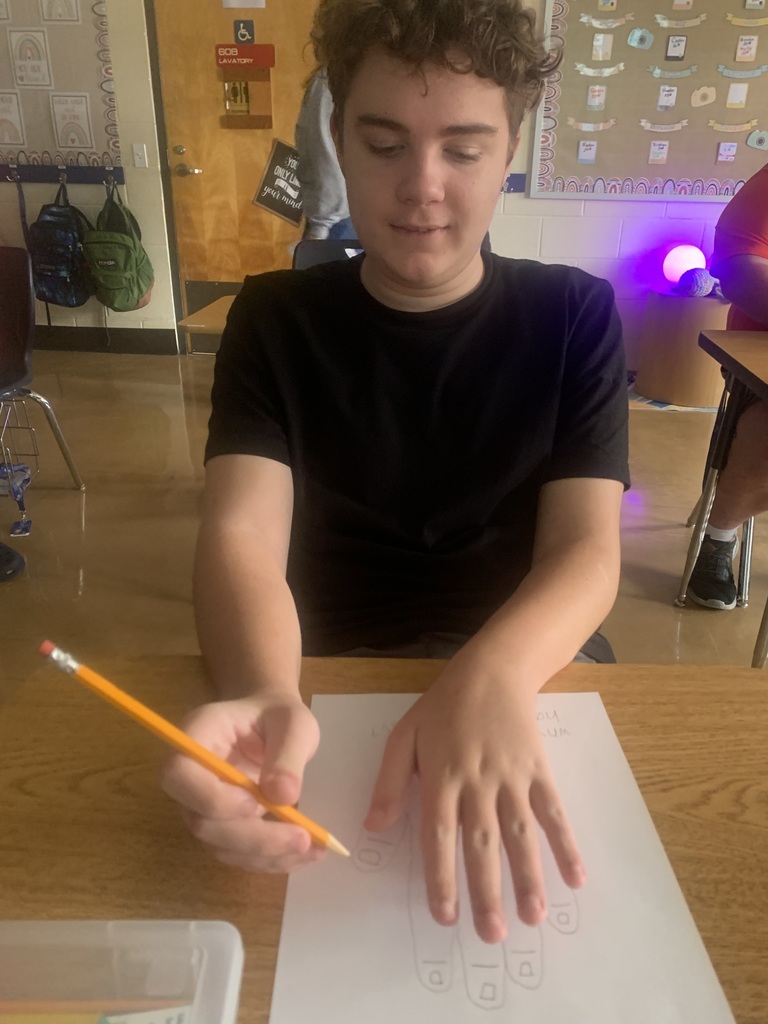 Student closely examining their hand while beginning Step 1 of the scientific method.