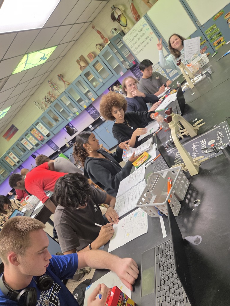 Students working in small groups at classroom desks, using markers and colored pencils to create diagrams on large sheets of paper.