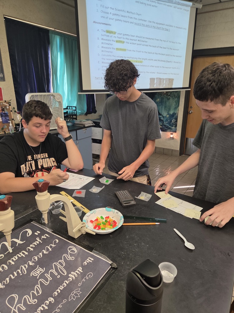 Students in small groups at lab tables measuring gummy bears and recording data in notebooks.