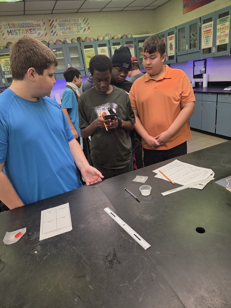 Students in small groups at lab tables measuring gummy bears and recording data in notebooks.