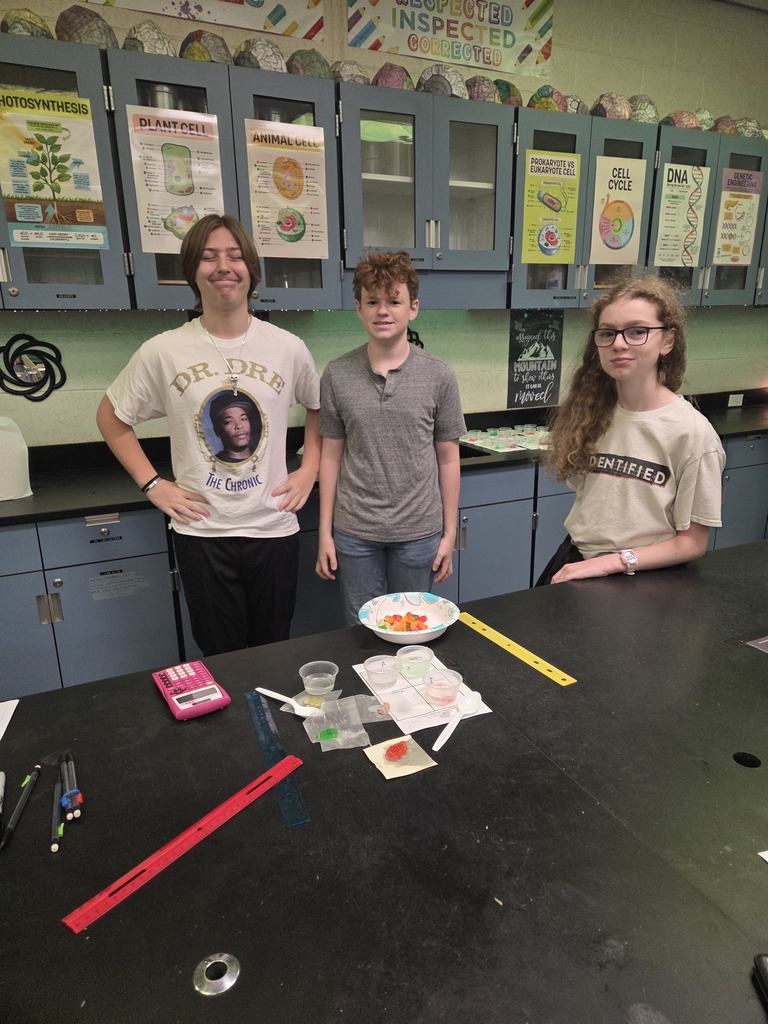 Students in small groups at lab tables measuring gummy bears and recording data in notebooks.