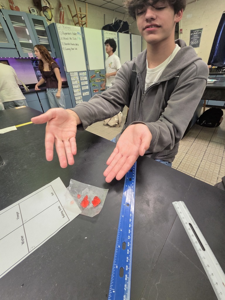 Students in small groups at lab tables measuring gummy bears and recording data in notebooks.