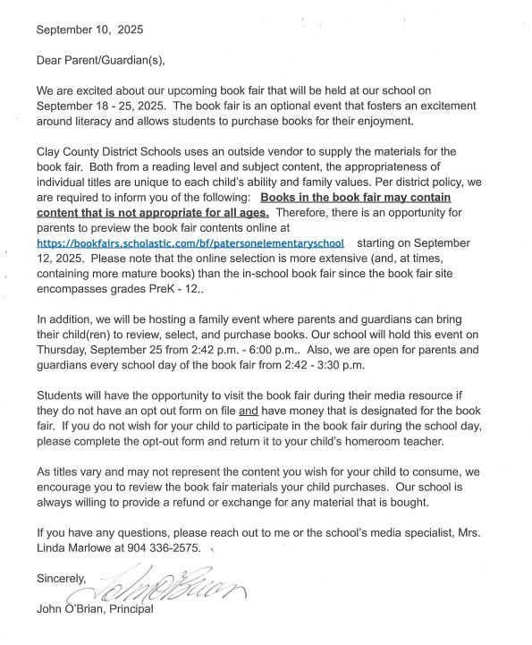 Scholastic Book Fair Principal Letter