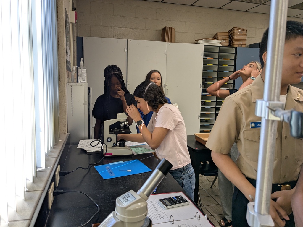 Students using microscopes in a classroom lab to observe and measure plant and bacteria cells.