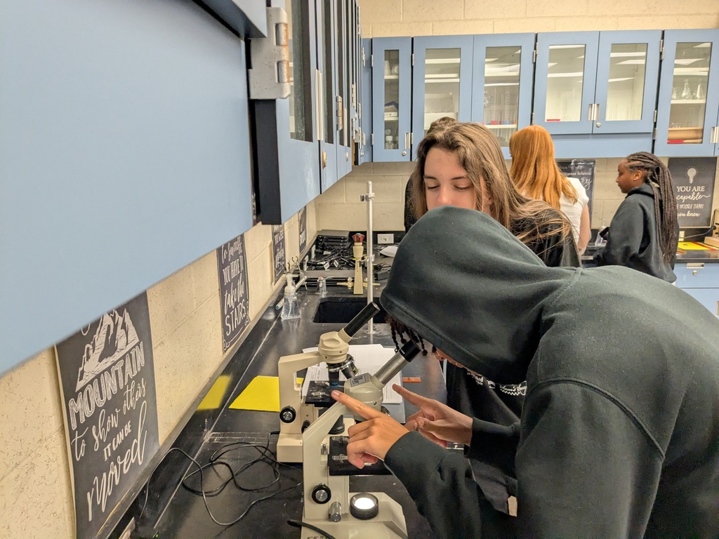 Students using microscopes in a classroom lab to observe and measure plant and bacteria cells.