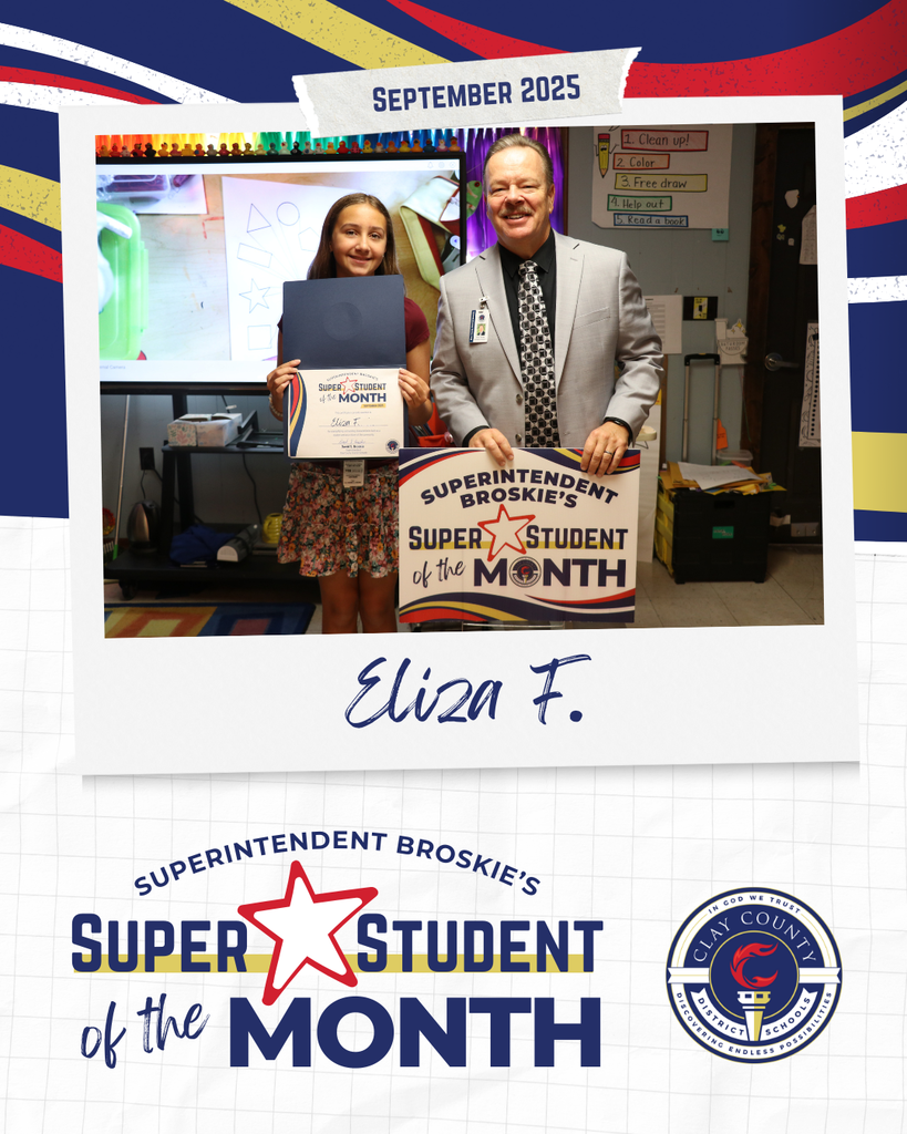 Photo of September Superintendent Student of the Month for Elementary, Eliza with Mr. Broskie