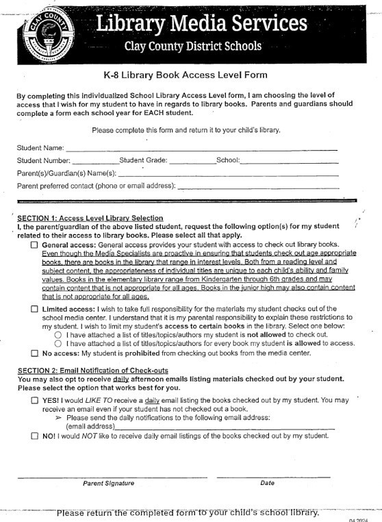 K-8 Library Book Access Form