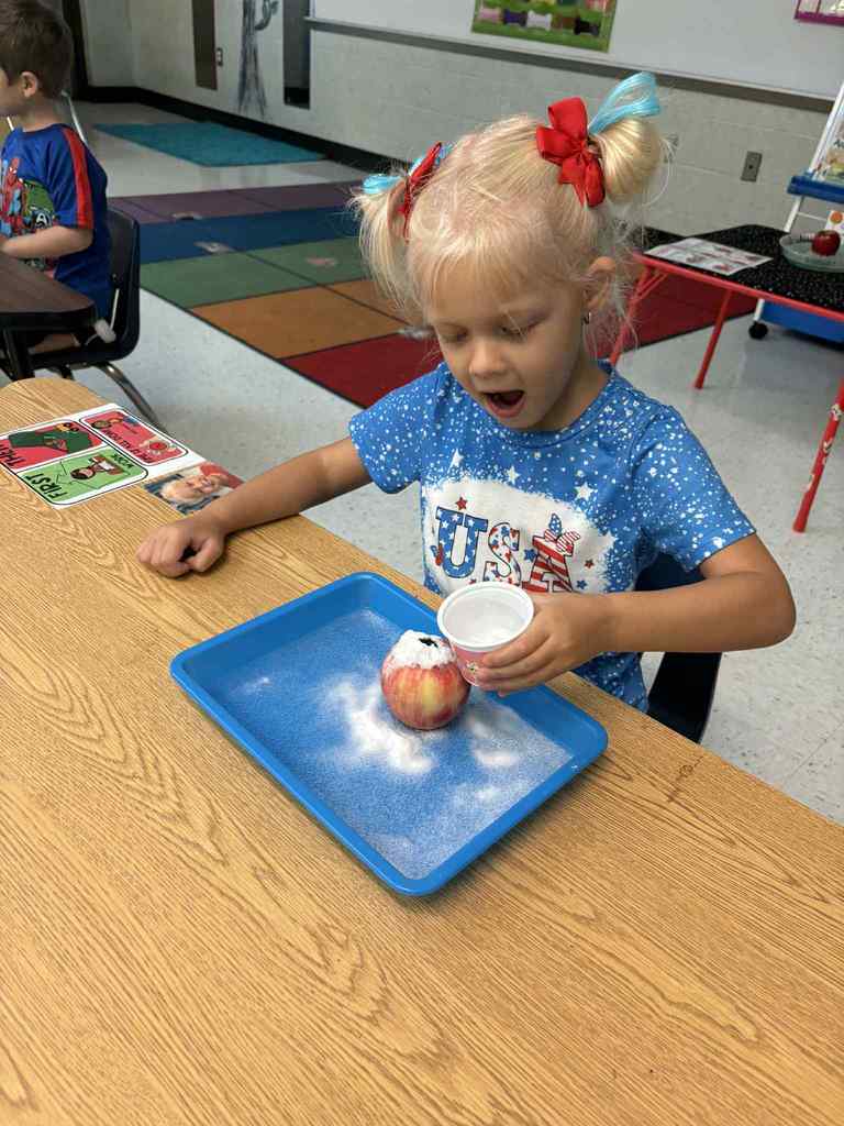 Fun Friday in Mrs. Ellsworth’s PreK Class 🤩 Volcano Apples, Homemade Applesauce, Apple Tasting, Apple Cutting, and Apple Tree Sorting to celebrate Johnny Appleseed 🍎🍏