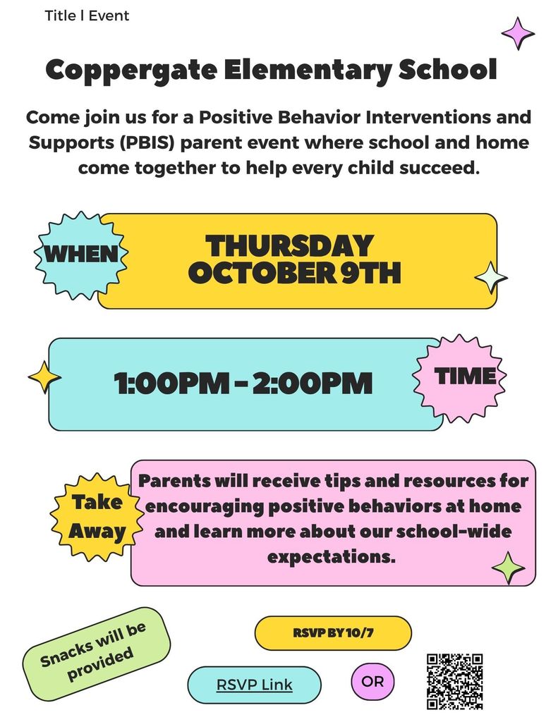 📣 Parents, join us for our PBIS Support Meeting on October 9th at 1:00 PM! 📝✨ You’ll receive helpful tips and resources to support your child at home—and enjoy some tasty snacks too! 🍪📚 We can’t wait to see you there!