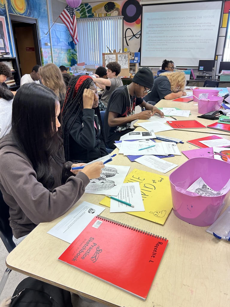 Ms. Generazio’s Art 1 students took their Scary/Spooky Drawing projects to the next level through a carousel critique designed to strengthen artistic vocabulary and peer feedback skills. Each student received a card labeled Best Technique, Most Creative, Favorite Work, or Most Expressive and rotated around the room, leaving thoughtful comments focused on value, shading, and line work.  During the class debrief, Ms. Generazio spotlighted standout pieces, inviting the student artists to share the comments they received from their peers. Together, the class discussed what made feedback specific, detailed, and connected to artistic concepts. Students then completed a self-assessment rubric, reflecting on their craftsmanship and growth as artists.  🖋️ Through this process, students not only refined their techniques—they learned to observe, articulate, and appreciate the creative process in one another’s work.
