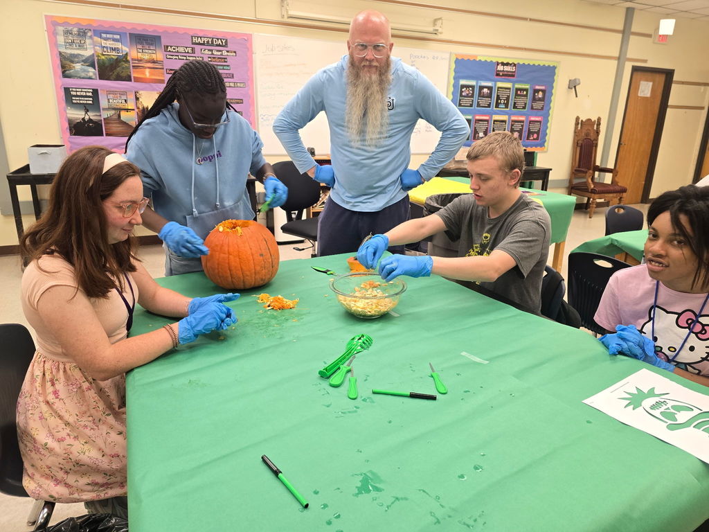 Mr. King’s Career Prep students recently got into the fall spirit by learning how to carve pumpkins with guidance from Mr. King and the instructional assistants. The activity combined hands-on learning with creativity, teamwork, and plenty of smiles, helping students build both fine motor skills and confidence while having fun!