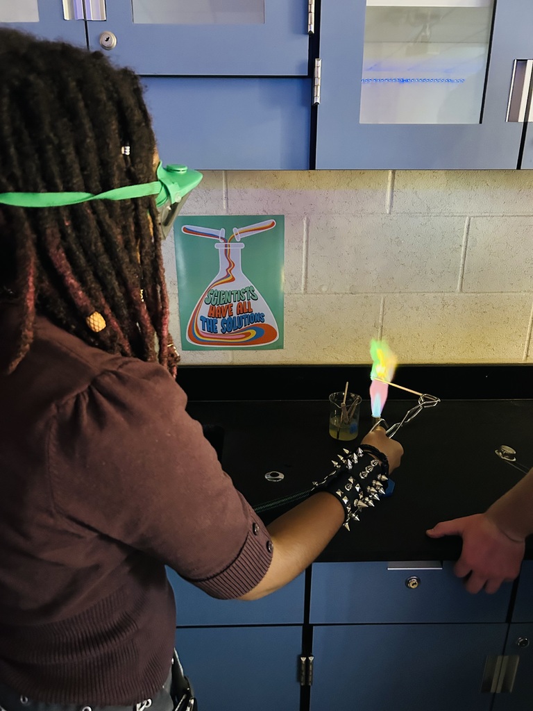 In Ms. Fortner’s Honors and Pre-IB/AICE Chemistry classes, students brought science to life through a flame test lab using Bunsen burners and various metal solutions. When heated, the electrons in each metal moved from their ground state to an excited state, then released energy in the form of vibrant light as they returned to ground state. Each colorful flame revealed a unique spectral signature for the metal ion tested, allowing students to connect abstract atomic theory to real-world observation.