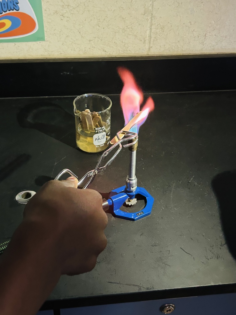 In Ms. Fortner’s Honors and Pre-IB/AICE Chemistry classes, students brought science to life through a flame test lab using Bunsen burners and various metal solutions. When heated, the electrons in each metal moved from their ground state to an excited state, then released energy in the form of vibrant light as they returned to ground state. Each colorful flame revealed a unique spectral signature for the metal ion tested, allowing students to connect abstract atomic theory to real-world observation.