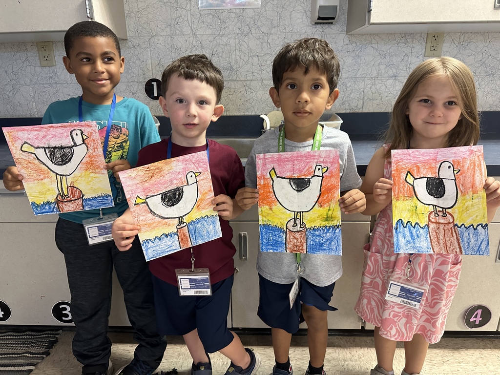 kindergarten students with seagull drawings