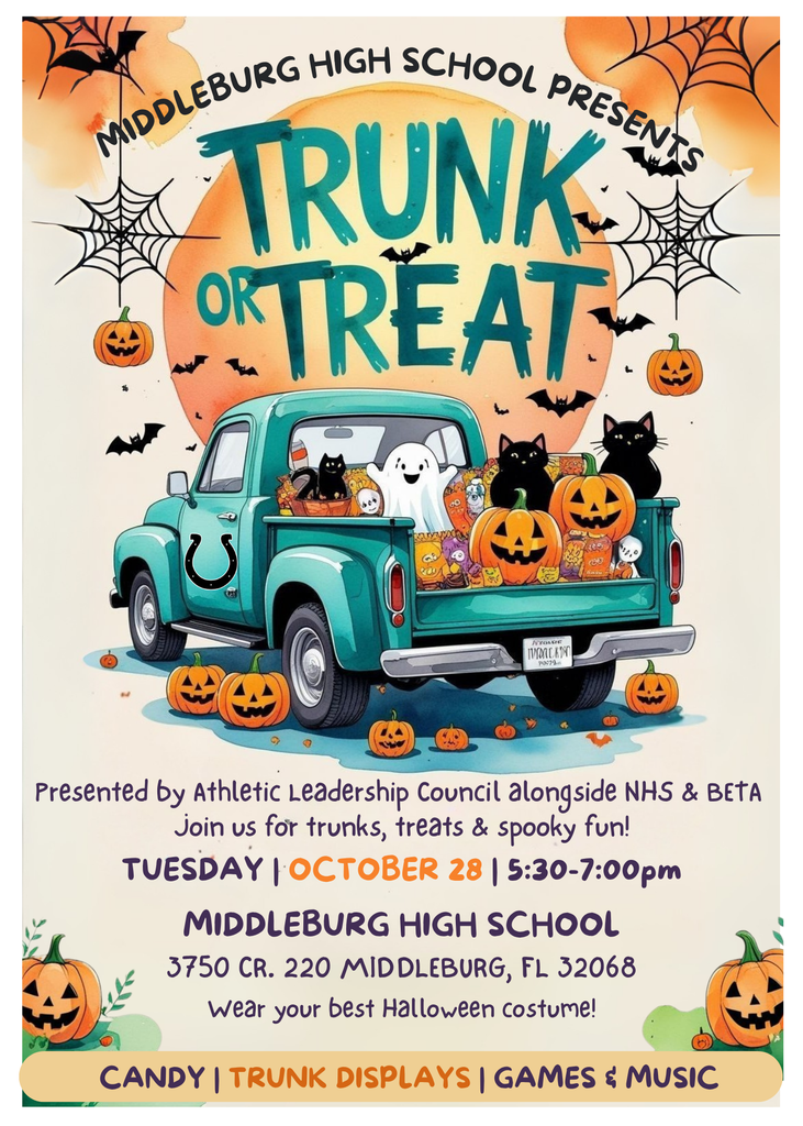 🎃🚗 Trunk or Treat is happening TONIGHT at Middleburg High! 👻 Costumes, candy, and fun for all from 5:30–7 PM! 🍭🎉