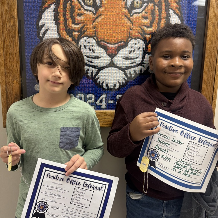 Benton is recognized for his great improvement in math concepts, showing Tiger Pride by working hard and never giving up. Denson is commended for his honesty in turning in lost money, demonstrating Tiger Pride through integrity and responsibility!
