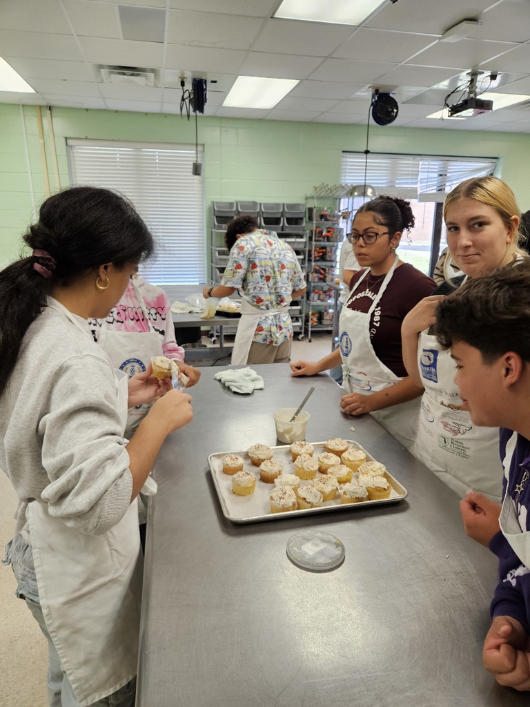 Students in Ms. Stevens’s Culinary 1 class participated in their first kitchen lab, where they baked cupcakes and made buttercream frosting from scratch. The lab served as an engaging introduction to the culinary workspace, allowing students to practice essential skills—time management, communication, teamwork, and recipe execution — while becoming comfortable in their new kitchen environment.