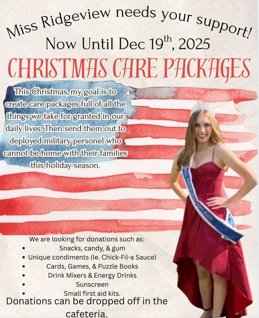 💙 Miss Ridgeview Gives Back 💙🇺🇸 This month, Miss Ridgeview has been putting together care packages for our deployed military personnel — a cause close to her heart and a meaningful part of her platform. 💌🎖️ We’re so proud of her dedication to serving those who serve us. Please consider helping support her mission by donating items from our Amazon wish list or dropping off donations in the café or at the front office by December 19th. Every item helps brighten the day of someone overseas! https://www.amazon.com/hz/wishlist/ls/2BU7E62VOZ9VA?ref_=wl_share