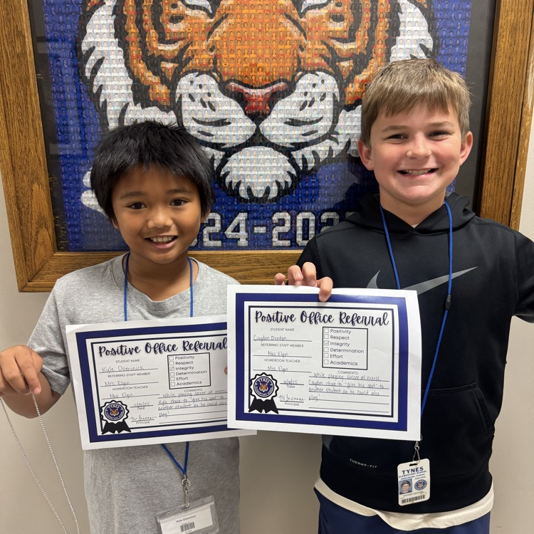 Kyle and Cayden demonstrated outstanding integrity by giving up their spots in a soccer game at recess so others could play. Their kindness and fairness show true Tiger Pride through honesty, respect, and strong character!