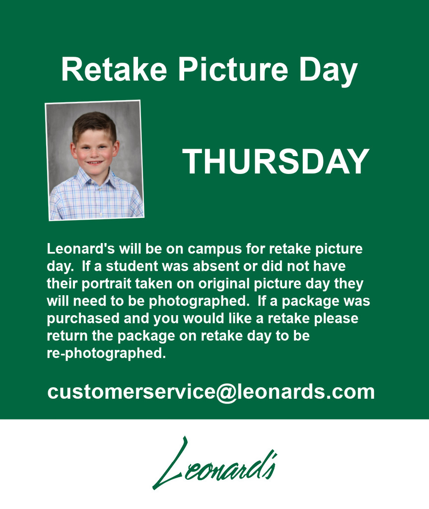 ✨ Retake Picture Day — Thursday, 11/13! ✨ If your child is getting their photo retaken, please make sure they bring back their original picture package. If your child was absent on the original picture day, they will take their picture on Thursday as well. Can’t wait to see those sweet smiles! 😊📸