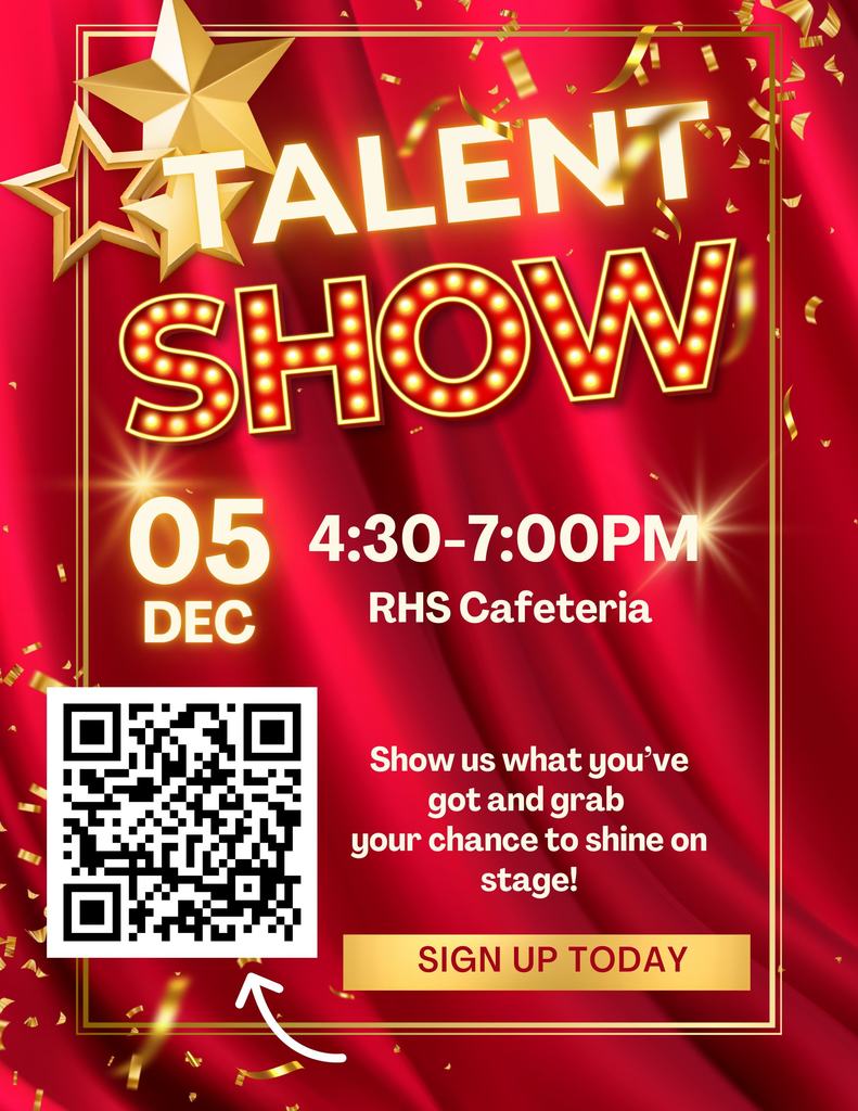 Ridgeview’s Got Talent! 🎭  Show us what you’ve got and take the stage for a night of fun and creativity! 📅 Date: [Insert Date] 🕓 Time: 4:30–7:00 PM 📍 Location: RHS Cafeteria  Whether you sing, dance, play an instrument, or have a unique talent to share—this is your moment to shine! 🌟 Sign up today and be part of the show!