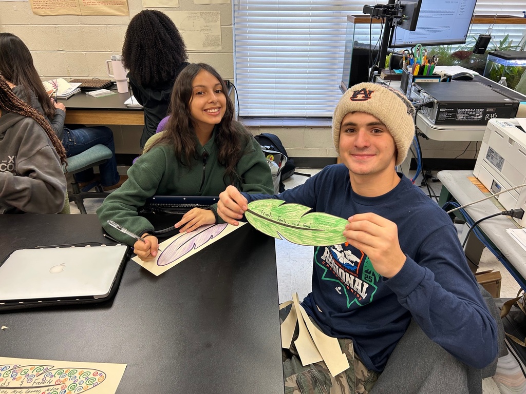 Mr. Ley’s classes spent time reflecting on what they are thankful for and decorating colorful feathers for their hallway display during a bellwork activity. Each feather shared a message of gratitude, reminding us all of the many reasons we have to be thankful this season.