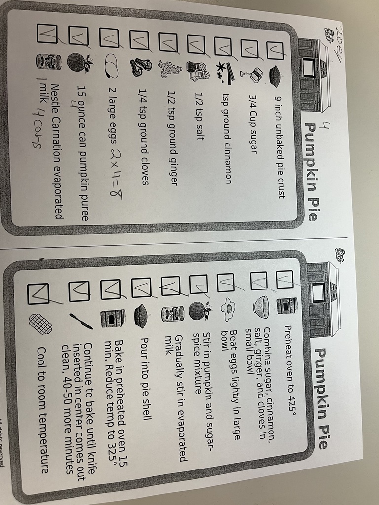 Ms. O’Neal’s Unique Skills class had an awesome week leading up to Thanksgiving! 🥧✨  Students prepared for Pie Day by researching a pumpkin pie recipe and using their math skills to scale it to make four pies. They ordered their ingredients online from Walmart and used a checklist to ensure they had everything they needed.  From measuring to mixing to baking, they followed each step—and absolutely loved the experience!