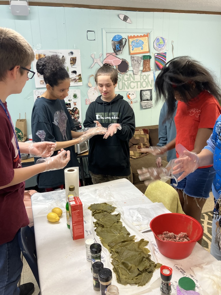In Ms. Yancey’s World History class, Ms. Brown led students in the hands-on production of stuffed grape leaves as part of their study of Mediterranean regions, including the Fertile Crescent in Mesopotamia and Egypt. Students explored culture, geography, and history through food. At first, they treated the grape leaves like green eggs and ham, convinced they wouldn’t like them, but after the first bite, everyone was cheering, and many went back for seconds and thirds.