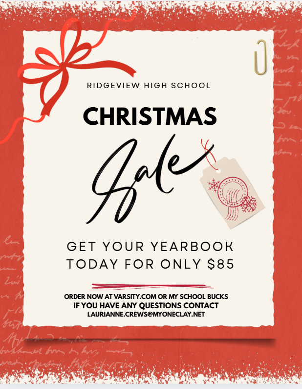 A Ridgeview Yearbook makes a great holiday gift. Order directly at: https://www.yearbookordercenter.com/job/15673 or through My School Bucks.
