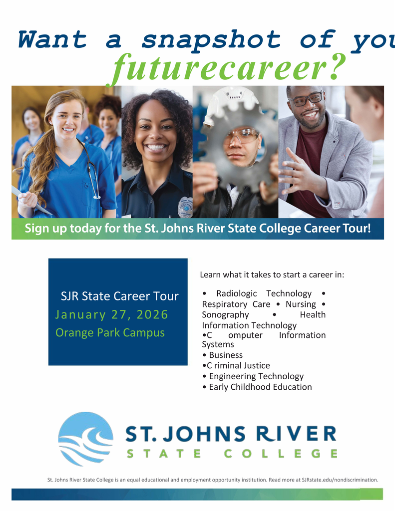 Students interested in exploring their options at SJRSC, please see Mrs. Shier ASAP to sign up for a campus tour on January 27th from 4th through 6th periods. Seats are limited so stop by soon!