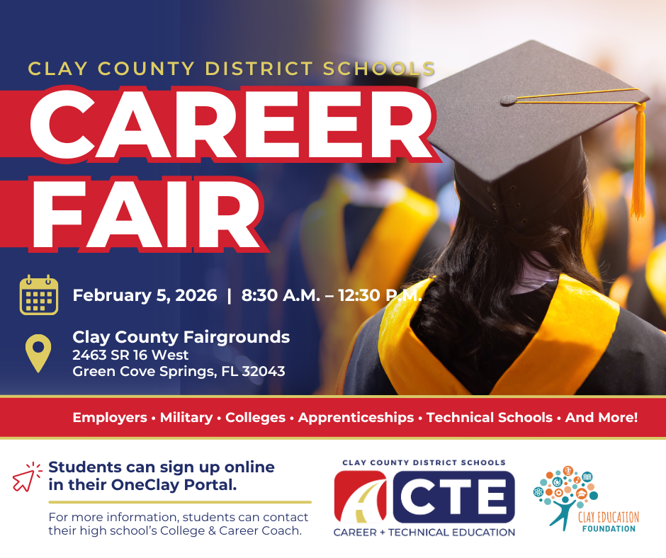 SENIORS! If you are needing a plan after graduation, (military, college, apprenticeships, technical schools, and more!) please stop by Mrs. Shier's office, Room #127, and sign up to attend the Clay County Career Fair field trip on February 5th at the Clay County Fairgrounds. You MUST complete a field trip form to attend.