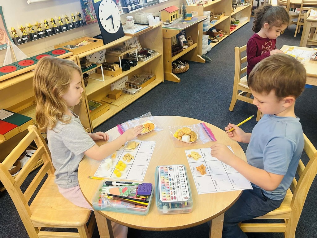 Mrs. Maly’s Primary Montessori naming, sorting, counting & eating 2 & 3 Dimensional shapes for snack!  😊❤️👍🏻