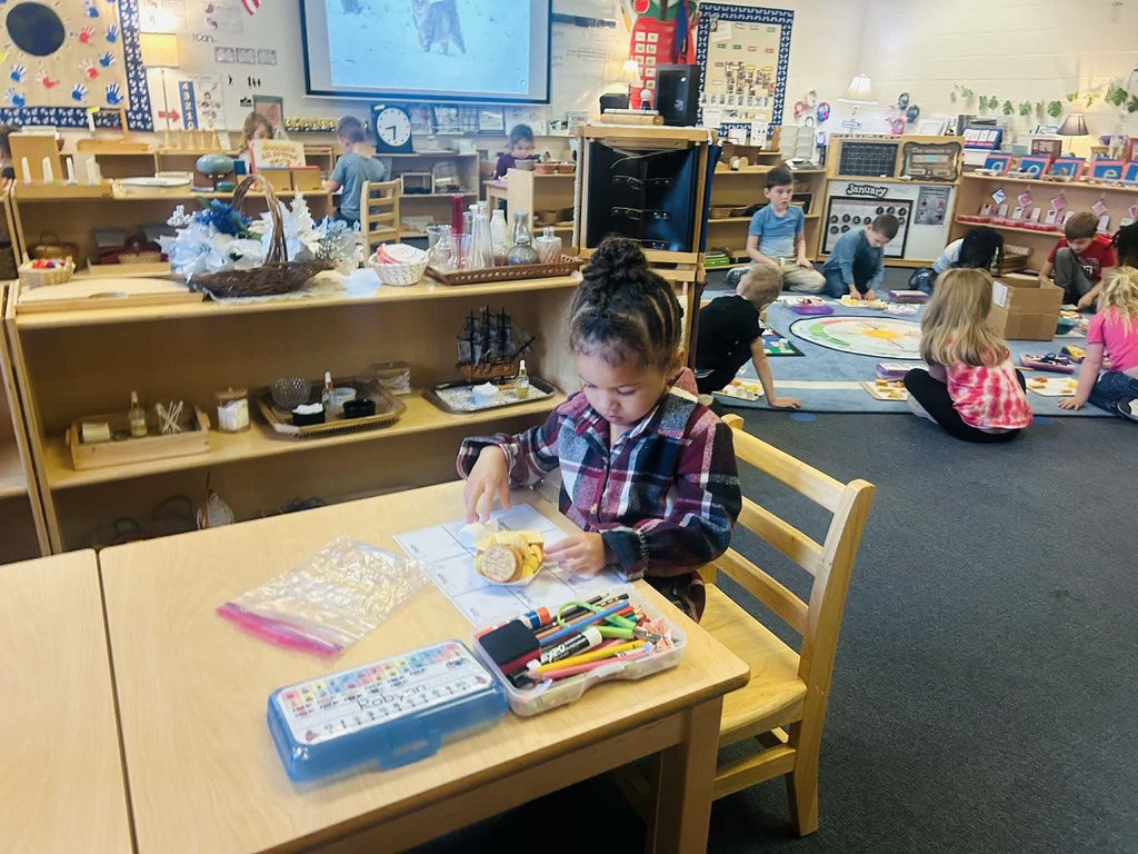 Mrs. Maly’s Primary Montessori naming, sorting, counting & eating 2 & 3 Dimensional shapes for snack!  😊❤️👍🏻