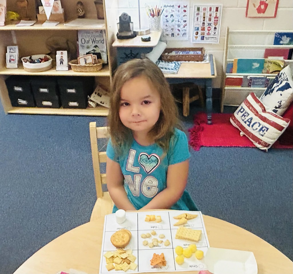 Mrs. Maly’s Primary Montessori naming, sorting, counting & eating 2 & 3 Dimensional shapes for snack!  😊❤️👍🏻