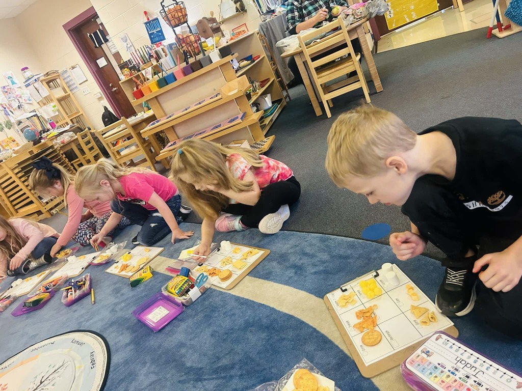 Mrs. Maly’s Primary Montessori naming, sorting, counting & eating 2 & 3 Dimensional shapes for snack!  😊❤️👍🏻