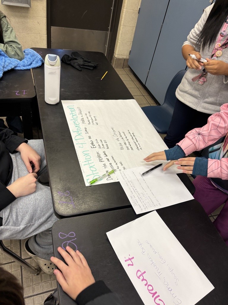 Ms. Pollard’s Environmental Science students rotated through interactive stations to analyze real-world examples of human impact on ecosystems. Using visuals, data, and short texts, students identified human causes, evaluated effects on ecosystems, recorded evidence, and collaborated to discuss practical, real-world solutions. This hands-on, inquiry-based approach strengthened critical thinking, collaboration, and environmental awareness.