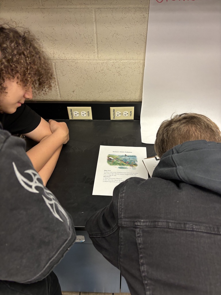 Ms. Pollard’s Environmental Science students rotated through interactive stations to analyze real-world examples of human impact on ecosystems. Using visuals, data, and short texts, students identified human causes, evaluated effects on ecosystems, recorded evidence, and collaborated to discuss practical, real-world solutions. This hands-on, inquiry-based approach strengthened critical thinking, collaboration, and environmental awareness.