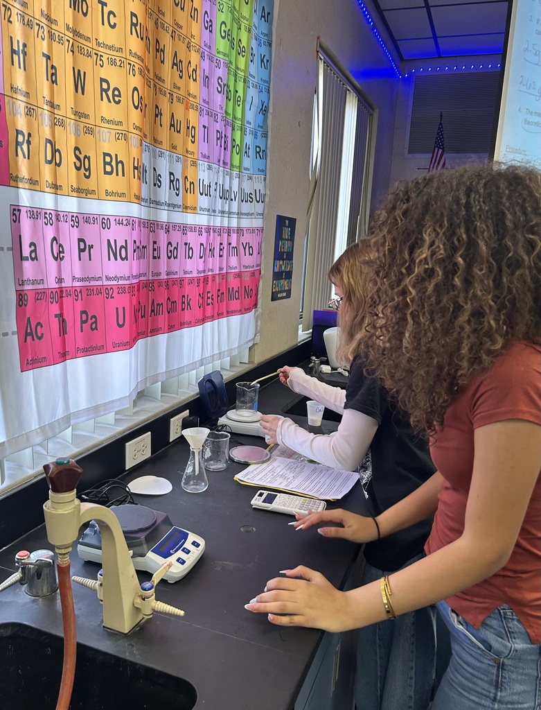 Ms. Fortner’s Pre-IB, AICE, and Honors Chemistry students brought stoichiometry to life through a hands-on chalk lab. Students wrote and balanced the chemical equation for producing chalk (calcium carbonate), calculated their theoretical yield, and then produced chalk by combining aqueous solutions of sodium carbonate and calcium chloride. After filtering and drying their product overnight, students calculated their actual yield and percent yield, seeing firsthand how math and chemistry connect. The best part was testing out their finished chalk.