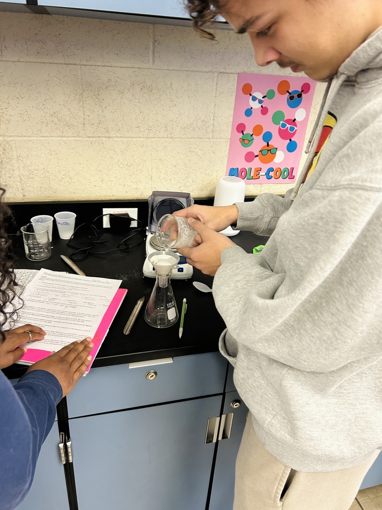 Ms. Fortner’s Pre-IB, AICE, and Honors Chemistry students brought stoichiometry to life through a hands-on chalk lab. Students wrote and balanced the chemical equation for producing chalk (calcium carbonate), calculated their theoretical yield, and then produced chalk by combining aqueous solutions of sodium carbonate and calcium chloride. After filtering and drying their product overnight, students calculated their actual yield and percent yield, seeing firsthand how math and chemistry connect. The best part was testing out their finished chalk.