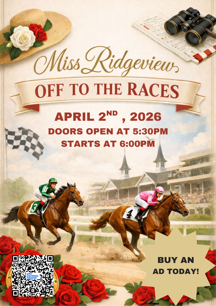 Miss Ridgeview AD sales are officially open! 🏇✨ We are so excited for this year’s pageant, and our theme is “Off to the Races!” Our contestants will be dressed in their best Kentucky Derby attire — big hats, bold colors, and all the Derby-day style you can imagine. It’s going to be such a fun and beautiful night! Come out and support these amazing young ladies as they compete for the title of Miss Ridgeview 2027.
