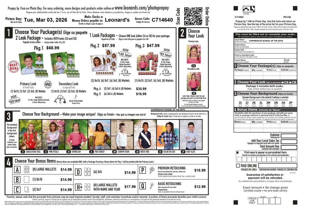 Your SPRING PORTRAITS event at COPPERGATE SCHOOL OF THE ARTS is approaching! Let’s Tell Your Story! Every school year is a fresh story waiting to unfold, and our passion is helping you capture those moments so families can relive every memory and share their journey. You'll find your digital flyer attached, ready for email distribution, plus a link and graphic for your social media and emails. If your school received printed flyers, please start distributing them right away. They should arrive approximately two weeks before picture day. If you haven't seen them yet, please reach out to schoolrelations@leonards.com for help. We're looking forward to another fantastic year capturing your students' images and continuing our partnership with your school.